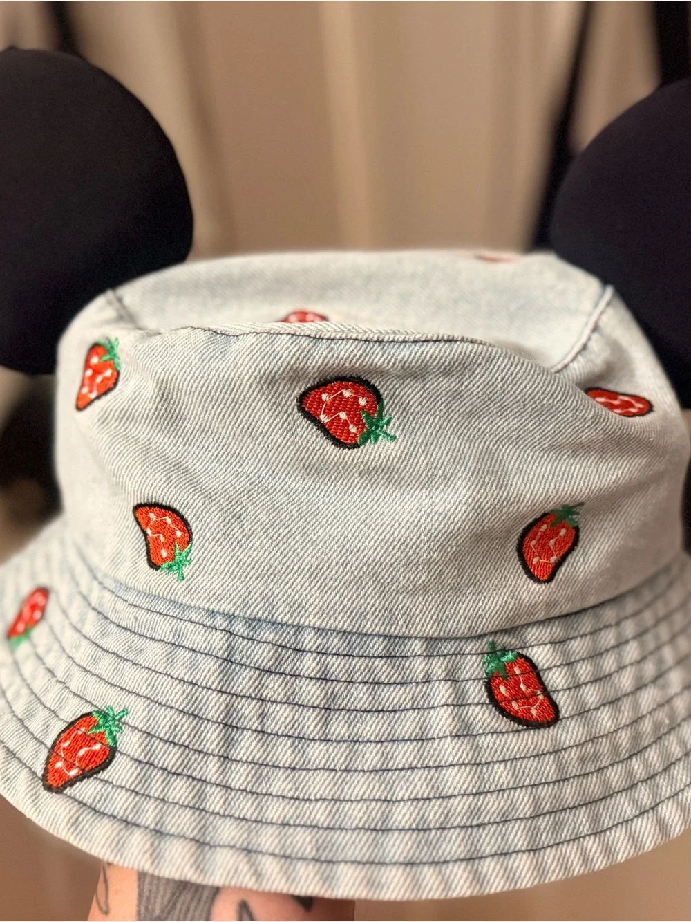 Strawberry Embroidered Light Blue Denim Mickey Ears Bucket Hat